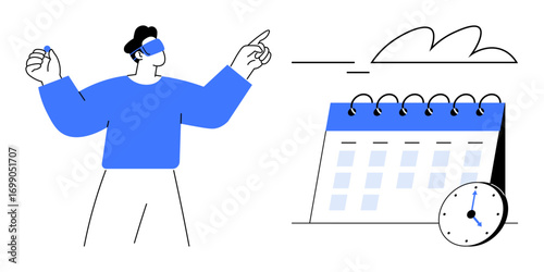 Individual pointing at tasks, spiral-bound calendar, and clock, representing organization, productivity, goal setting, planning, scheduling reminders time management. Minimal flat design