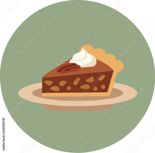 Close-up of a richly textured chocolate pie with whipped cream and pecan on a white plate