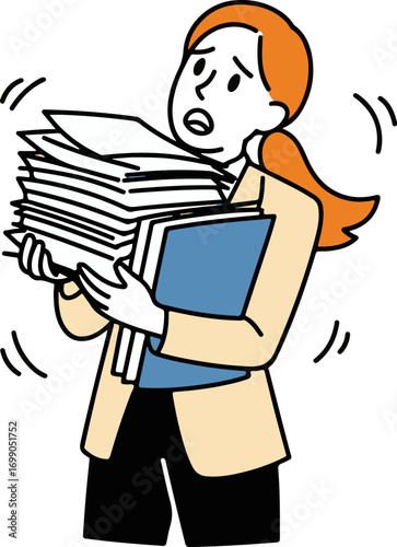 Stressed woman overwhelmed by paperwork and tasks in office environment vector