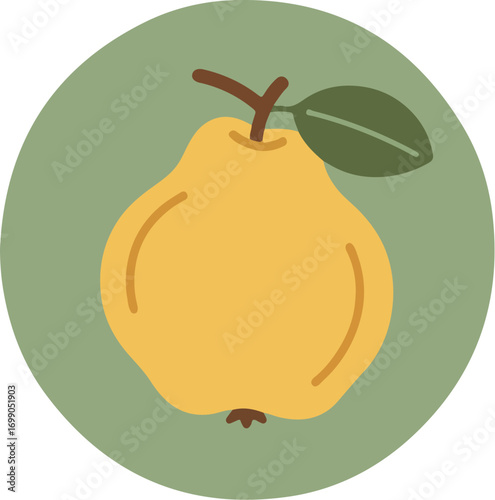 Single vibrant yellow pear with green leaf and stem in circular frame on light green background
