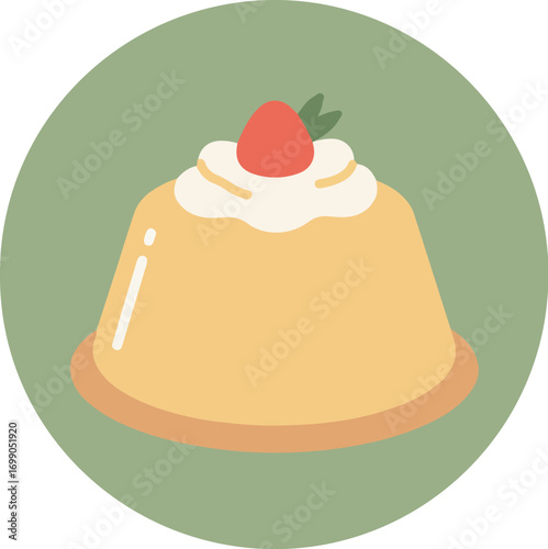 Close-up of creamy orange dessert in a glass with whipped cream and strawberry on a green background