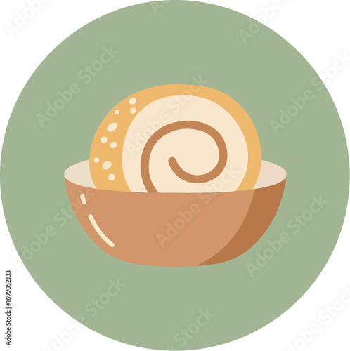 Close-up illustration of a cinnamon roll in a brown bowl on a light green background