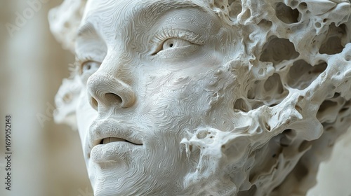 Close-up of a white, sculpted female face with an eroded, textured surface.
