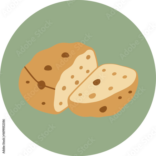 Close-up of toasted bread slice with golden-brown crust and speckled interior on green background
