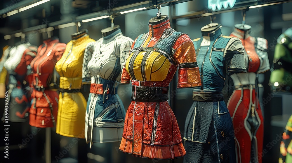 Naklejka premium Futuristic female fashion displayed on mannequins.