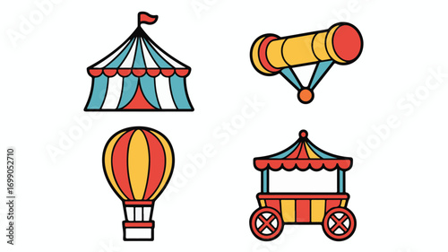 Circus Themed Flat Icons Including Tent Hot Air Balloon and Cart carnival big top