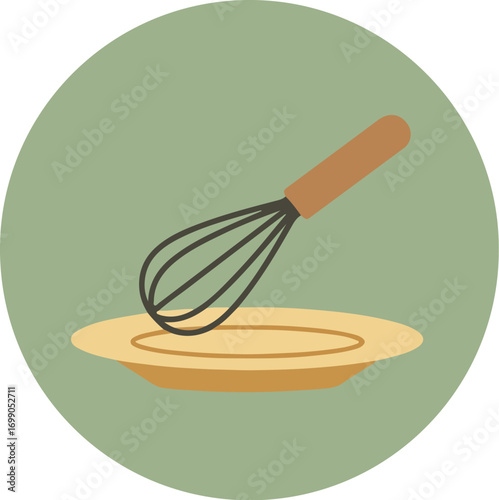 Minimalist illustration of a whisk with black wire loops and an orange handle on a light beige plate against a soft light green background
