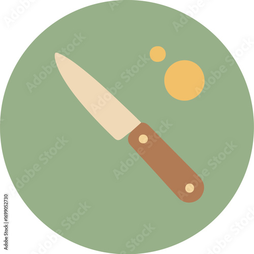 Close-up of a kitchen knife with a sleek silver blade and a textured brown handle on a muted green background