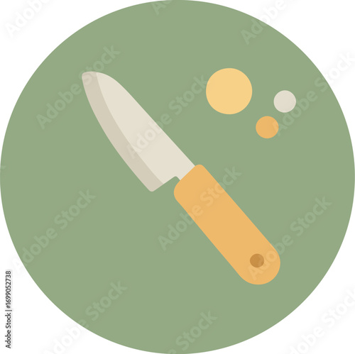 Sleek silver kitchen knife with orange handle on green background
