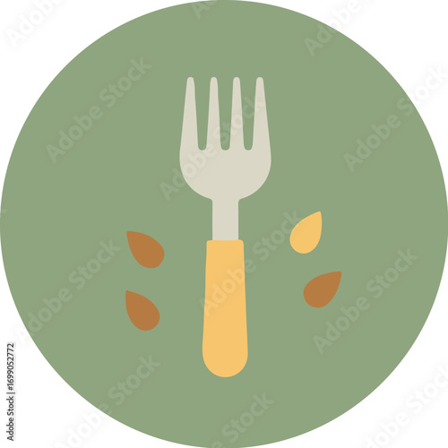 Single fork with wooden handle and silver tines on muted green background with food crumbs