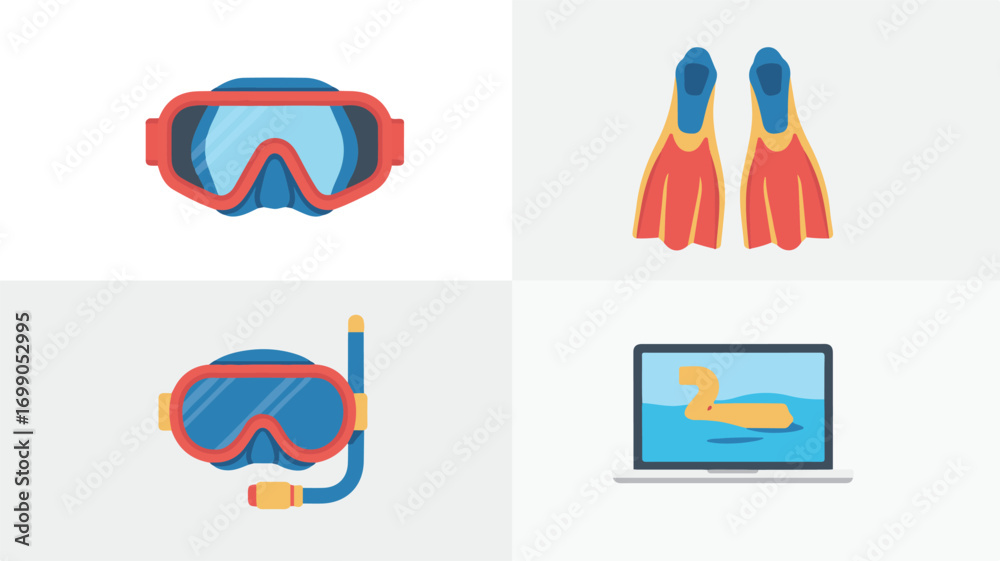 Fototapeta premium Flat Icons of Snorkeling Gear and a Laptop with a Duck diving mask