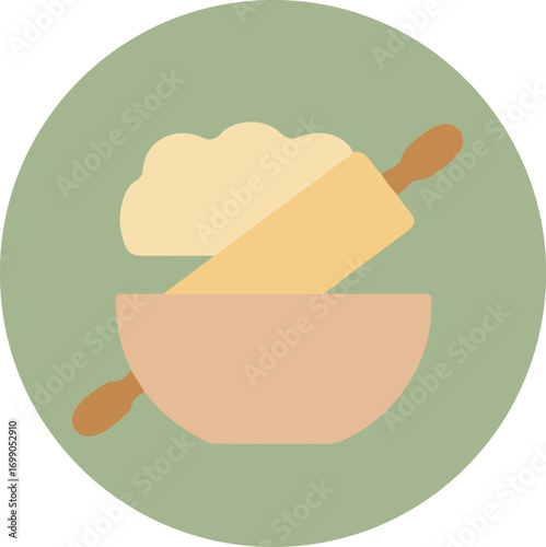 Circular illustration of a cozy baking scene with a light beige bowl of soft yellow dough and a warm brown rolling pin on a green background