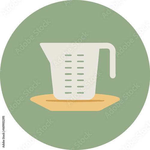 White measuring cup with green markings on a yellow base against a green background