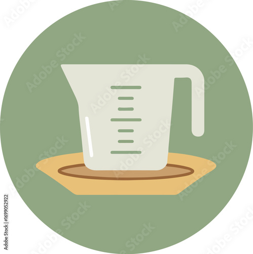 White measuring cup with measurement markings on a brown coaster against a green background