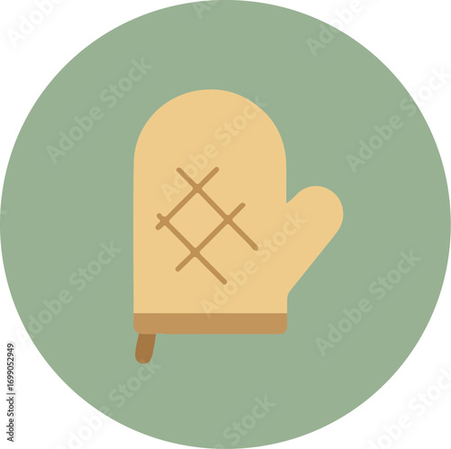 Single beige oven mitt with crisscross pattern on light green background