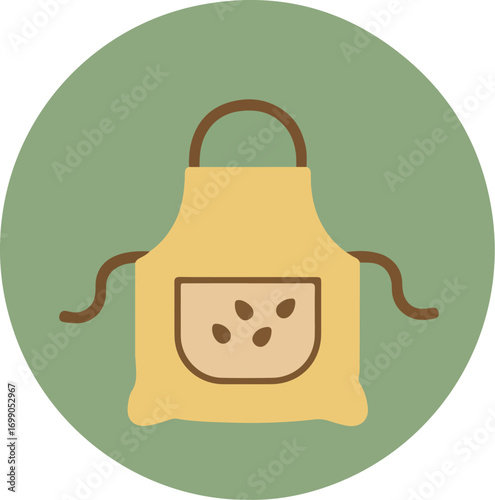 Earthy yellow apron with coffee bean motif on muted green background