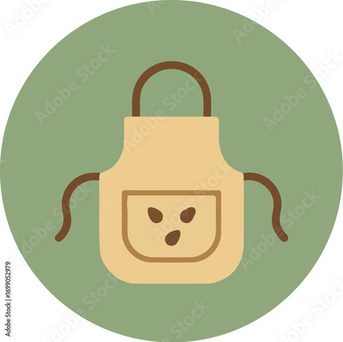 Beige apron with brown straps and cartoon face pocket on green background