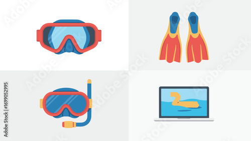 Flat Icons of Snorkeling Gear and a Laptop with a Duck diving mask