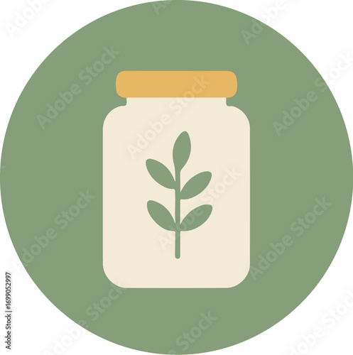 White jar with orange lid and green plant illustration on light green circular background