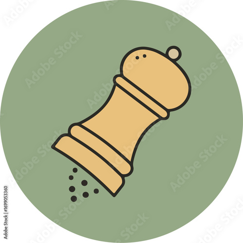 Light brown pepper grinder with horizontal grooves dispensing black peppercorns on a muted green background