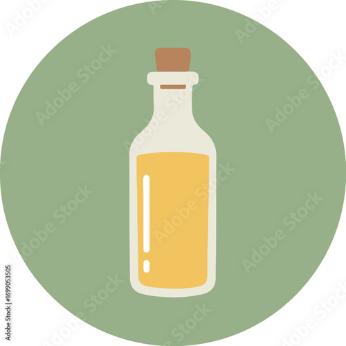 Single bottle of golden oil with rustic cork stopper on light green circular background