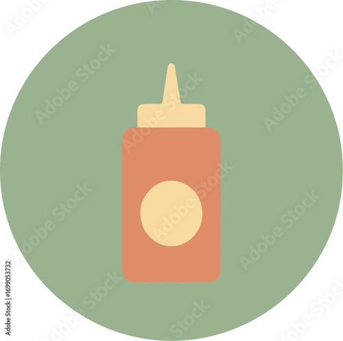 Single condiment bottle with earthy orange body, beige cap, and circular label on muted green background