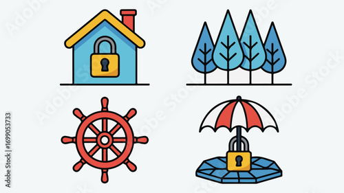 Four Flat Icons Representing Security and Protection Concepts house lock