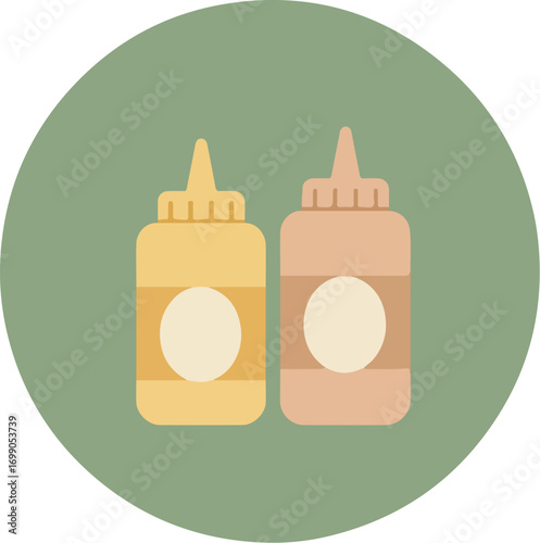 Two condiment bottles, one yellow and one brown, on a light green circular background