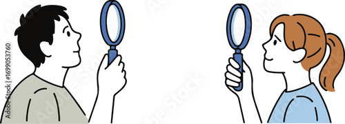 People examining with magnifying glasses exploring looking closely discovery concept vector