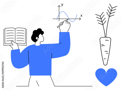 Individual plotting graph with book in hand, carrot and heart symbols nearby. Ideal for learning, education, analytics, science, sustainability, self-care, healthy living simple landing page