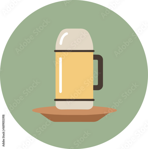 Vibrant yellow thermos bottle with white top and black handle on muted green background