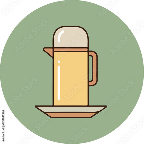 French press coffee maker with light brown body and darker brown handle on green background
