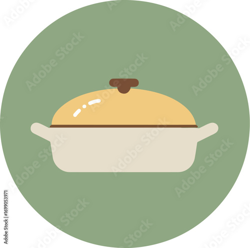 Light beige casserole dish with golden-brown lid and white handles on circular green background