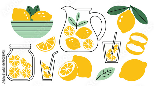 Refreshing Lemonade Set With Lemons Pitcher Glasses and Jar citrus drink