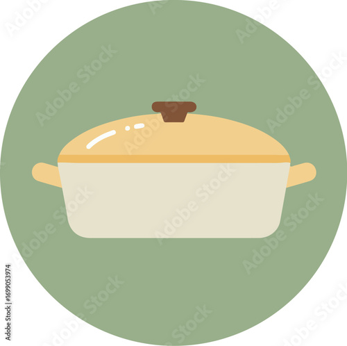 Light beige casserole dish with dual handles on a soft light green circular background