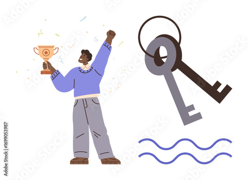 Person raising a trophy in joy and triumph, large vintage keys symbolize ownership and opportunities, wavy lines add movement. Ideal for success, achievement, leadership, motivation, opportunity