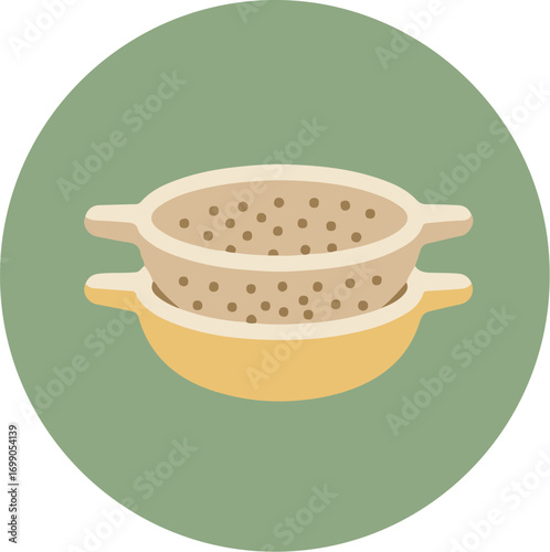 Minimalist cooking illustration with yellow pot and white strainer on green background