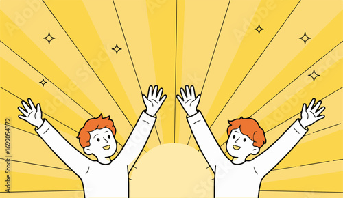 Two joyful cartoon characters with arms raised in celebration against bright yellow radiating background vector