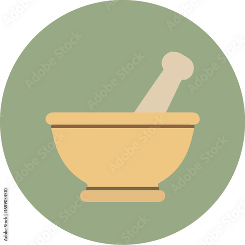 Traditional mortar and pestle on a green background