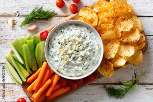 Creamy dill dip with assorted vegetables and chips