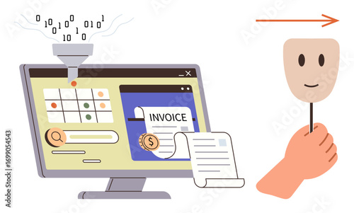 Data flows into a computer displaying an invoice and calendar. A hand holds a mask symbolizing anonymity or dual identity. Ideal for finance, technology, automation, AI, security, privacy, data flow