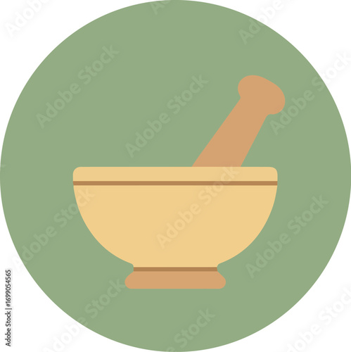 Traditional mortar and pestle on pedestal with muted green background