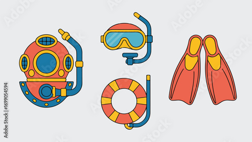 Vintage Diving Helmet Snorkel Mask Lifebuoy and Flippers vector illustration