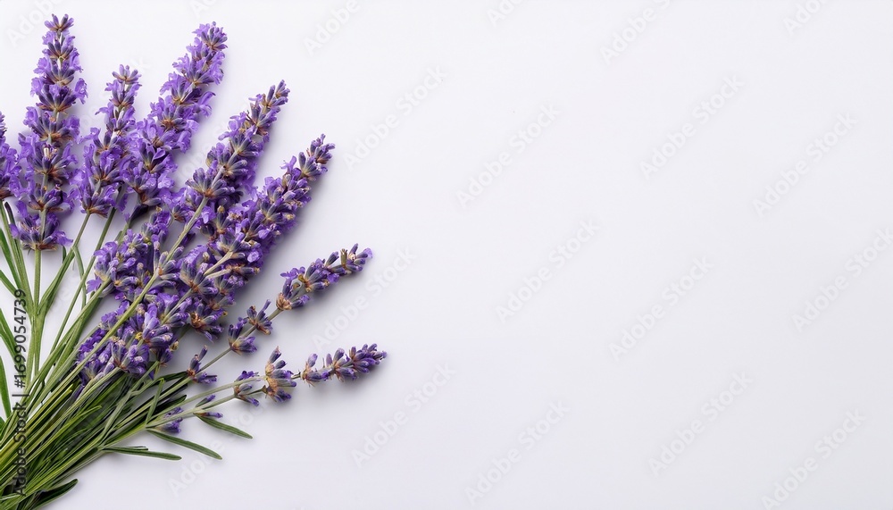 Fototapeta premium sprigs of fresh lavender flowers on the left of a clean white backdrop create a natural border with copy space