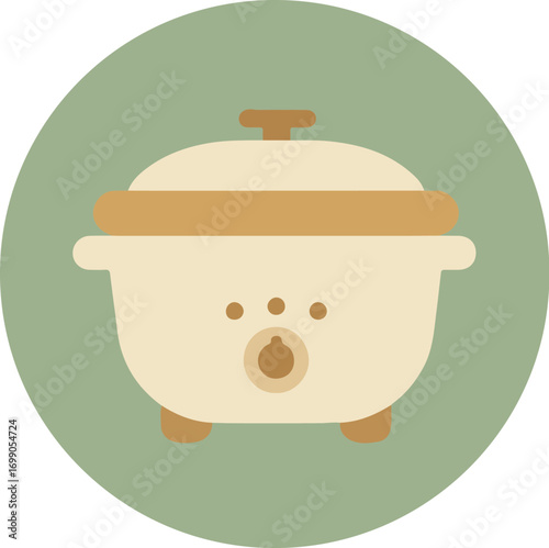 Playful anthropomorphic pot character with light beige body, brown handle, and lid on a light green background