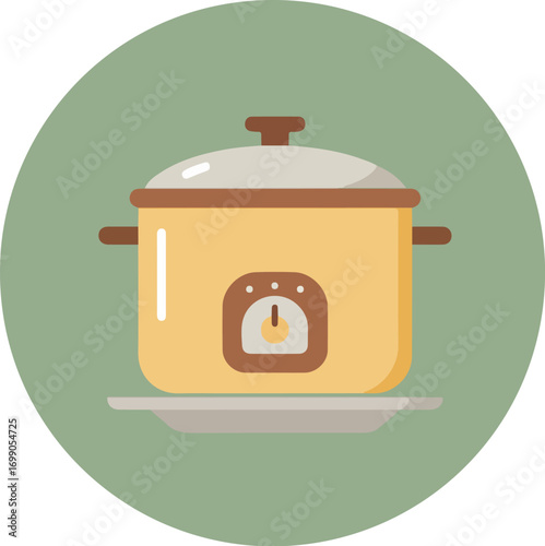 Illustration of a yellow pressure cooker with brown handles and a white lid on a light green background