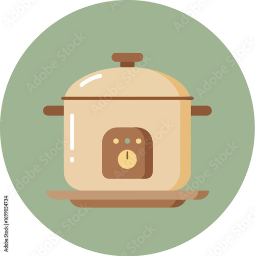 Light beige pressure cooker with brown handles and knob on light green surface