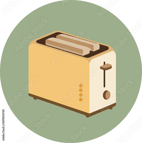 Modern yellow toaster with bread slices on a green background