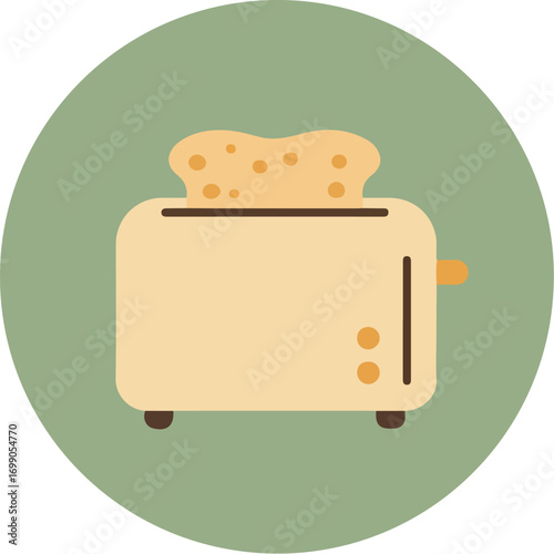 Minimalist light beige toaster with bread in a circular frame on a green background