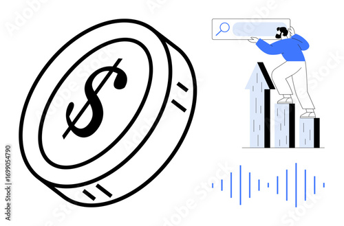 Dollar coin, man standing on rising bar graph, search bar, and sound waves. Ideal for finance, business growth, investment, analytics economic research data trends minimal concepts. Simple flat